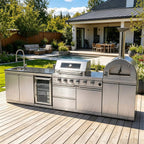 Blazon 125-Inch 4-Burner 108K BTU Outdoor Kitchen Island With Pizza Oven, Rotisserie & Refrigerator (SAK55768)