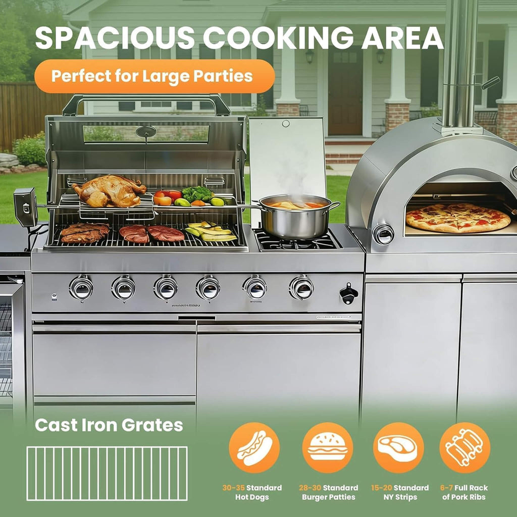 Blazon 125-Inch 4-Burner 108K BTU Outdoor Kitchen Island With Pizza Oven, Rotisserie & Refrigerator (SAK55768)