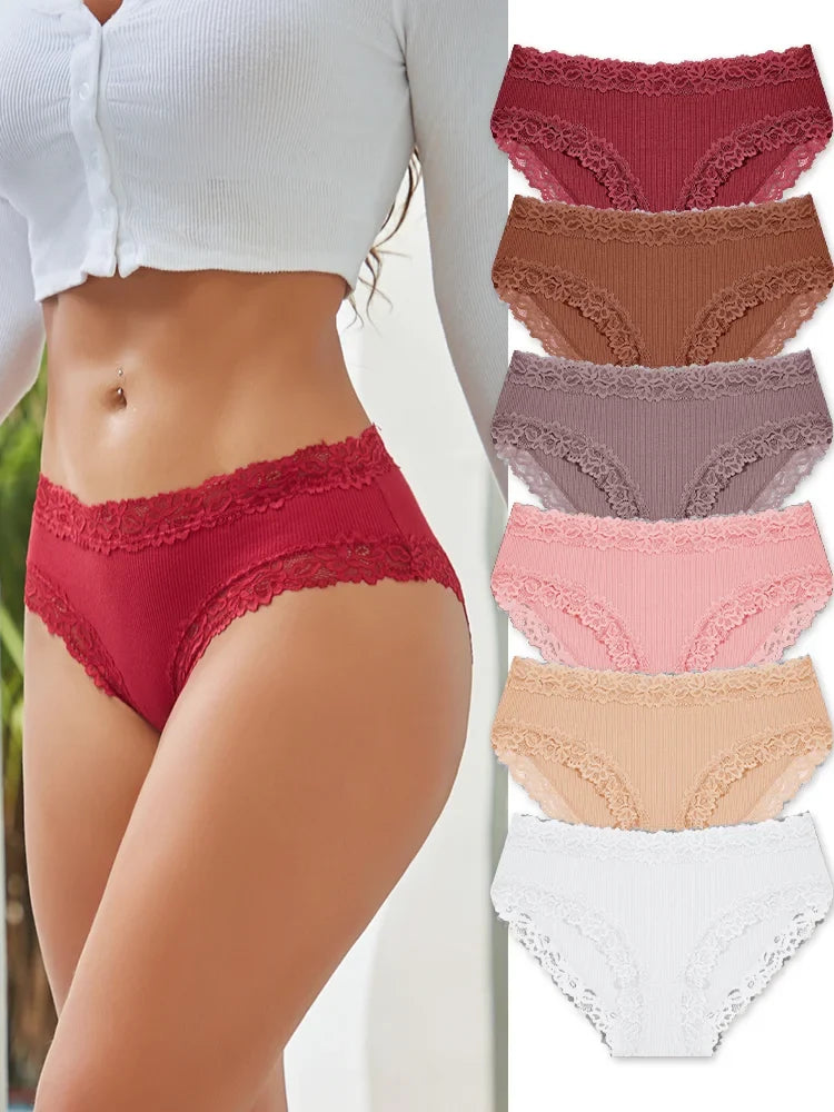 6PCS Sexy Lace Cotton Pants Women Low Waist Panties Underwear S-XL Solid Color Ladies Briefs Lingere Underware Comfortable Women