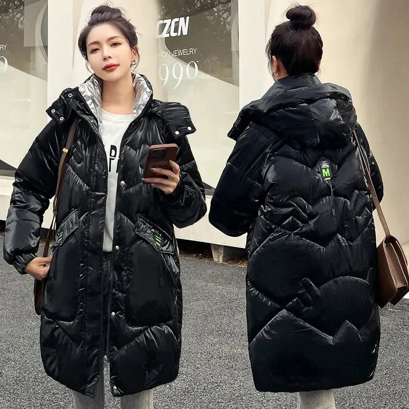 2026 Fashion New Bright Fabric Thick Warm Winter Jackets Women's Cotton Padded Coats Mid-Length Women Parkas Female Outerwear