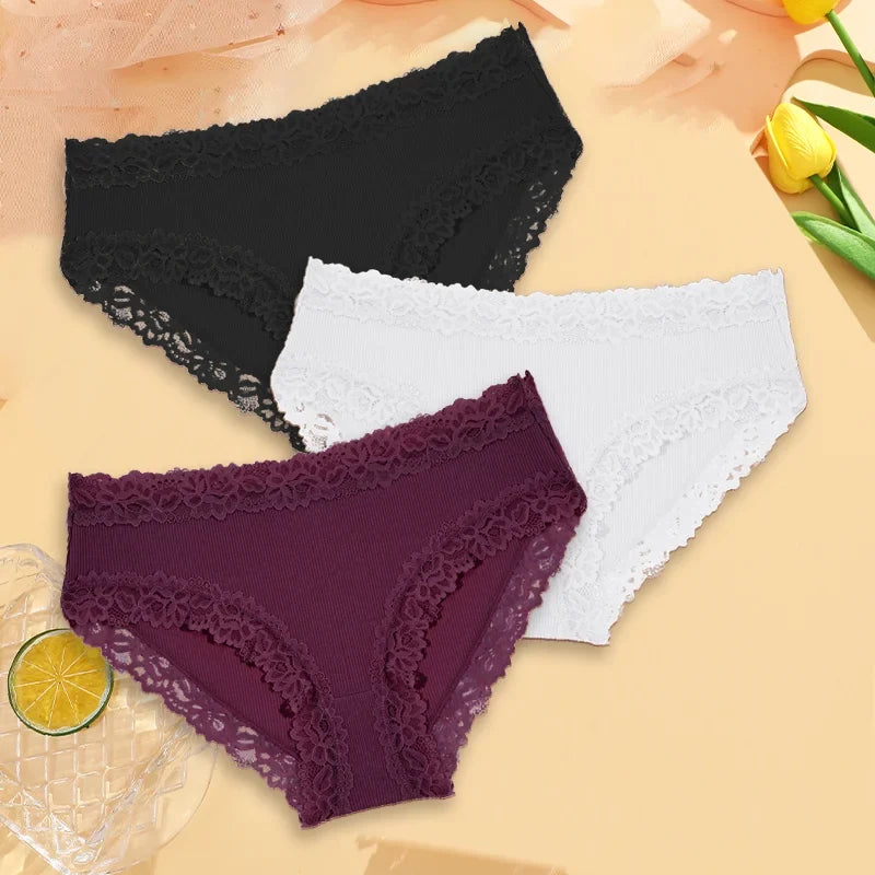 3PCS Sexy Lace Cotton Pants Women Low Waist Panties Underwear S-XL Solid Color Ladies Briefs Lingere Underware Comfortable Women