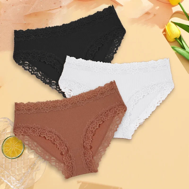 3PCS Sexy Lace Cotton Pants Women Low Waist Panties Underwear S-XL Solid Color Ladies Briefs Lingere Underware Comfortable Women