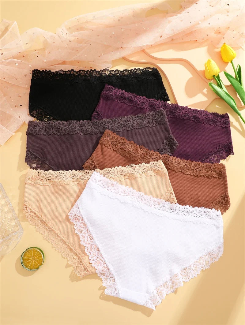 6PCS Sexy Lace Cotton Pants Women Low Waist Panties Underwear S-XL Solid Color Ladies Briefs Lingere Underware Comfortable Women