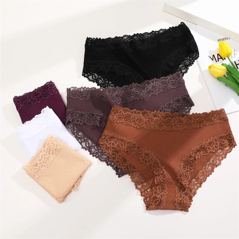 6PCS Sexy Lace Cotton Pants Women Low Waist Panties Underwear S-XL Solid Color Ladies Briefs Lingere Underware Comfortable Women