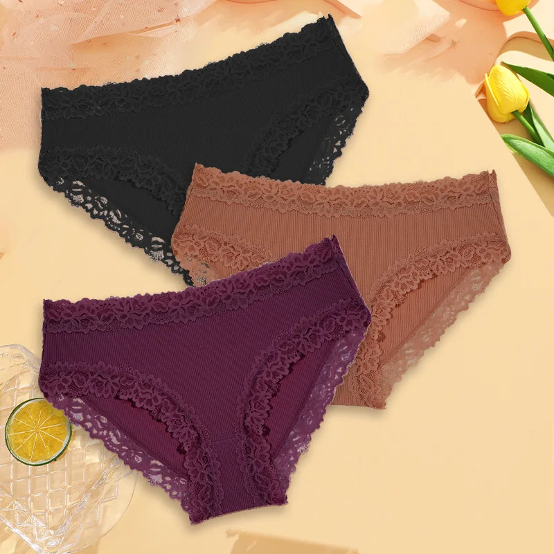3PCS Sexy Lace Cotton Pants Women Low Waist Panties Underwear S-XL Solid Color Ladies Briefs Lingere Underware Comfortable Women