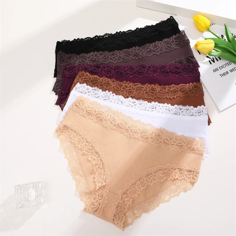 6PCS Sexy Lace Cotton Pants Women Low Waist Panties Underwear S-XL Solid Color Ladies Briefs Lingere Underware Comfortable Women