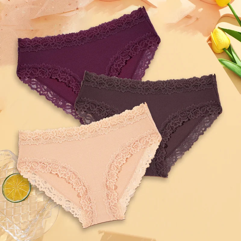 3PCS Sexy Lace Cotton Pants Women Low Waist Panties Underwear S-XL Solid Color Ladies Briefs Lingere Underware Comfortable Women
