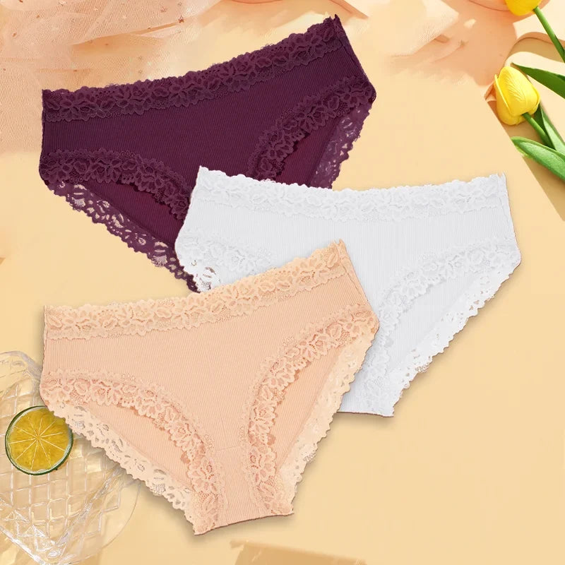 3PCS Sexy Lace Cotton Pants Women Low Waist Panties Underwear S-XL Solid Color Ladies Briefs Lingere Underware Comfortable Women