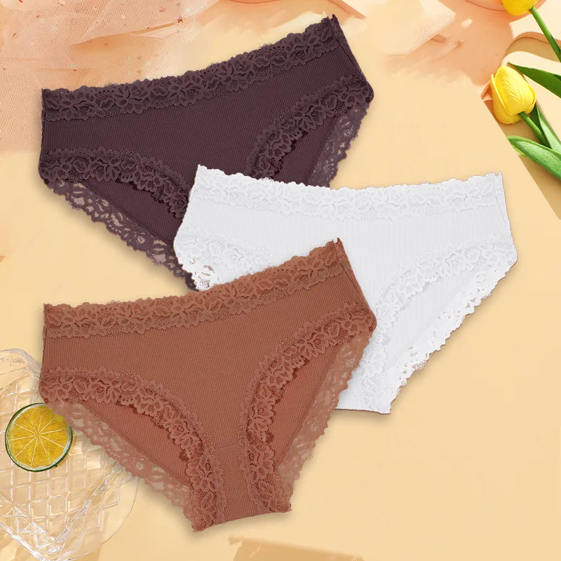 3PCS Sexy Lace Cotton Pants Women Low Waist Panties Underwear S-XL Solid Color Ladies Briefs Lingere Underware Comfortable Women