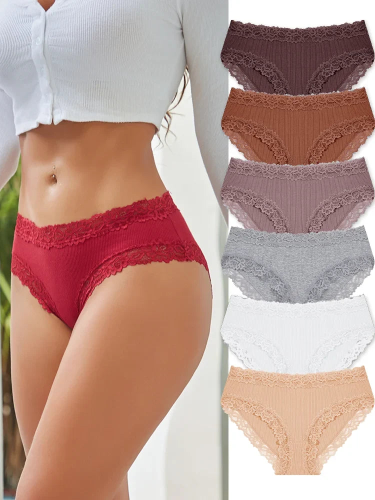 6PCS Sexy Lace Cotton Pants Women Low Waist Panties Underwear S-XL Solid Color Ladies Briefs Lingere Underware Comfortable Women
