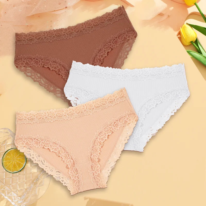 3PCS Sexy Lace Cotton Pants Women Low Waist Panties Underwear S-XL Solid Color Ladies Briefs Lingere Underware Comfortable Women