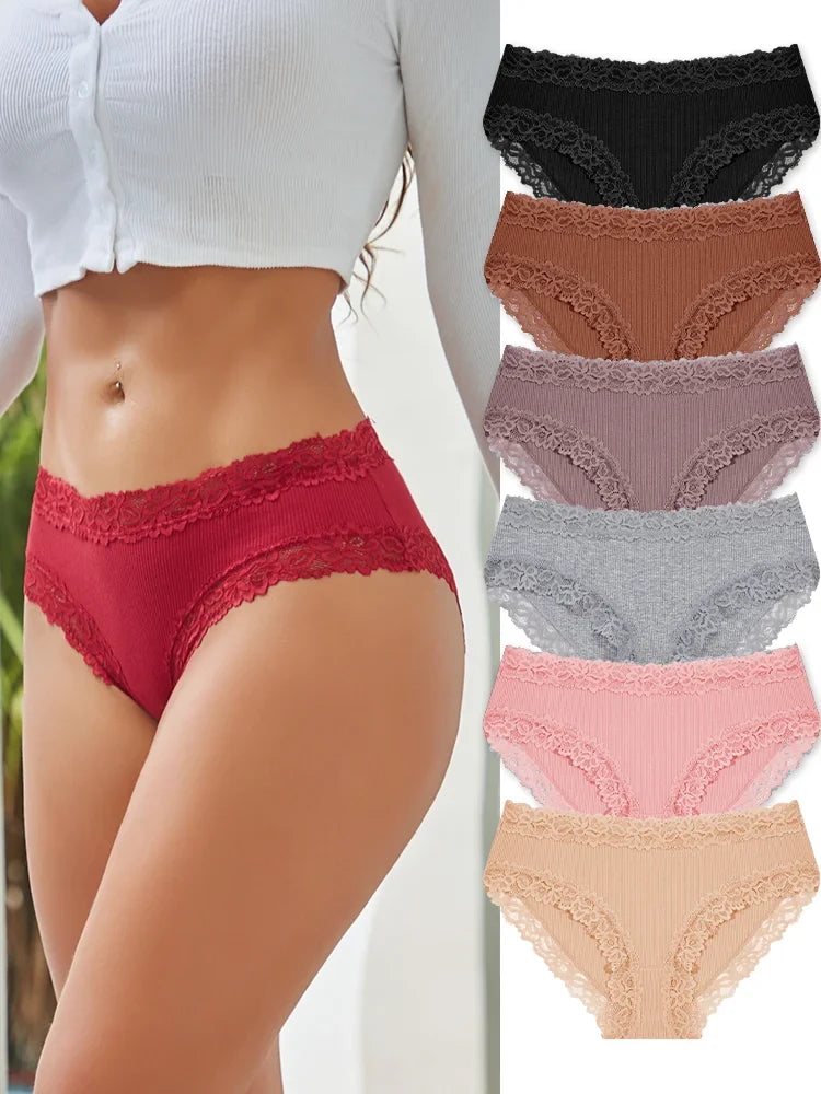 6PCS Sexy Lace Cotton Pants Women Low Waist Panties Underwear S-XL Solid Color Ladies Briefs Lingere Underware Comfortable Women