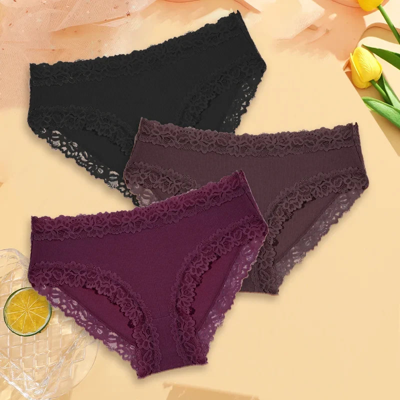 3PCS Sexy Lace Cotton Pants Women Low Waist Panties Underwear S-XL Solid Color Ladies Briefs Lingere Underware Comfortable Women