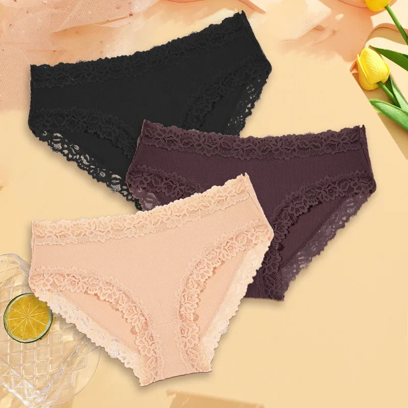 3PCS Sexy Lace Cotton Pants Women Low Waist Panties Underwear S-XL Solid Color Ladies Briefs Lingere Underware Comfortable Women
