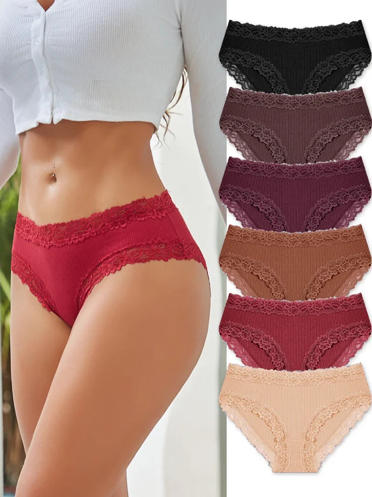 6PCS Sexy Lace Cotton Pants Women Low Waist Panties Underwear S-XL Solid Color Ladies Briefs Lingere Underware Comfortable Women