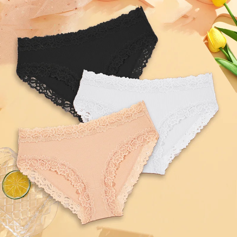 3PCS Sexy Lace Cotton Pants Women Low Waist Panties Underwear S-XL Solid Color Ladies Briefs Lingere Underware Comfortable Women
