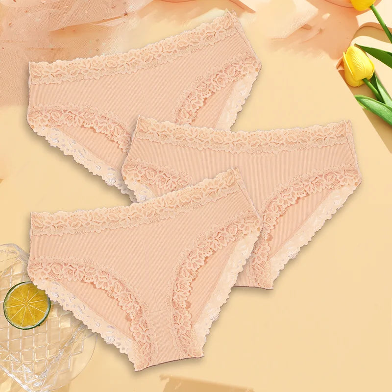 3PCS Sexy Lace Cotton Pants Women Low Waist Panties Underwear S-XL Solid Color Ladies Briefs Lingere Underware Comfortable Women