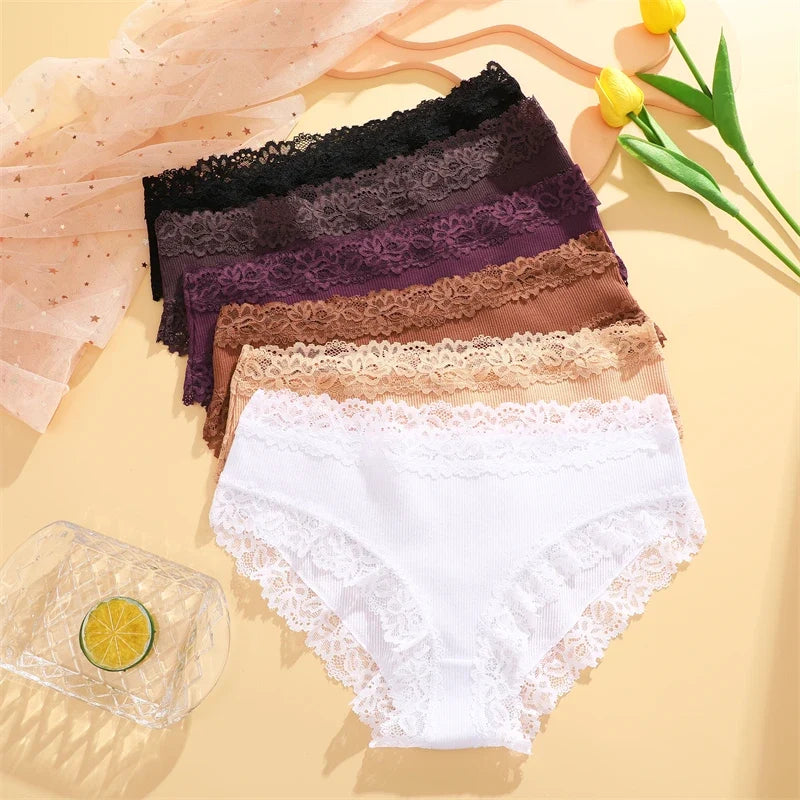 6PCS Sexy Lace Cotton Pants Women Low Waist Panties Underwear S-XL Solid Color Ladies Briefs Lingere Underware Comfortable Women
