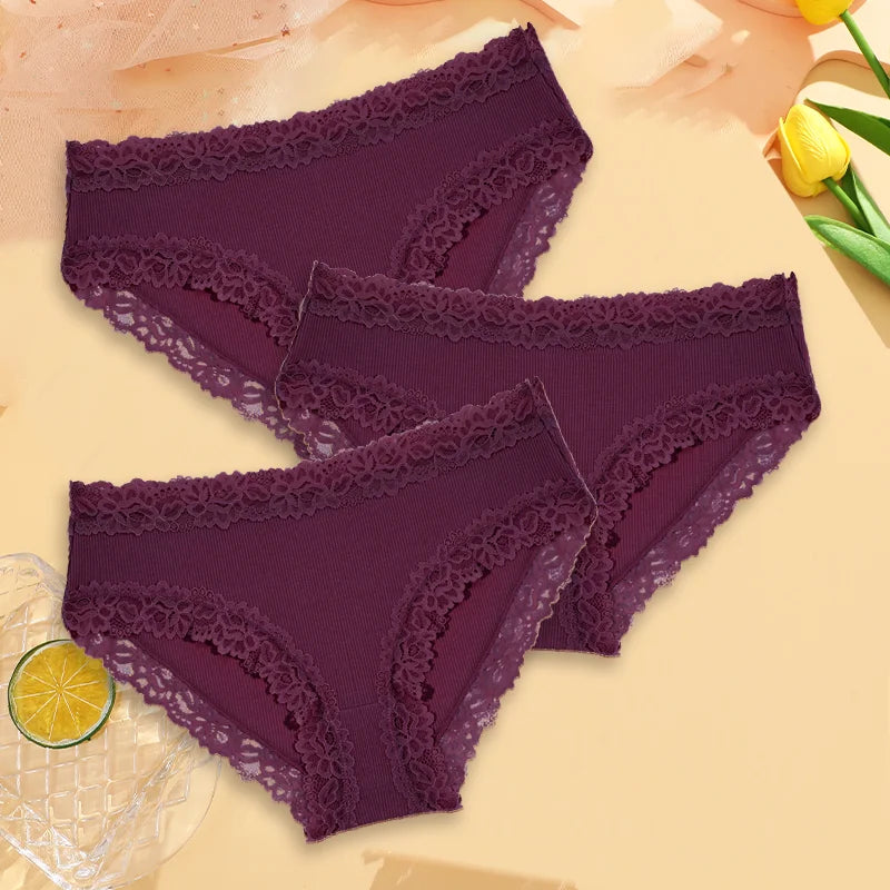 3PCS Sexy Lace Cotton Pants Women Low Waist Panties Underwear S-XL Solid Color Ladies Briefs Lingere Underware Comfortable Women