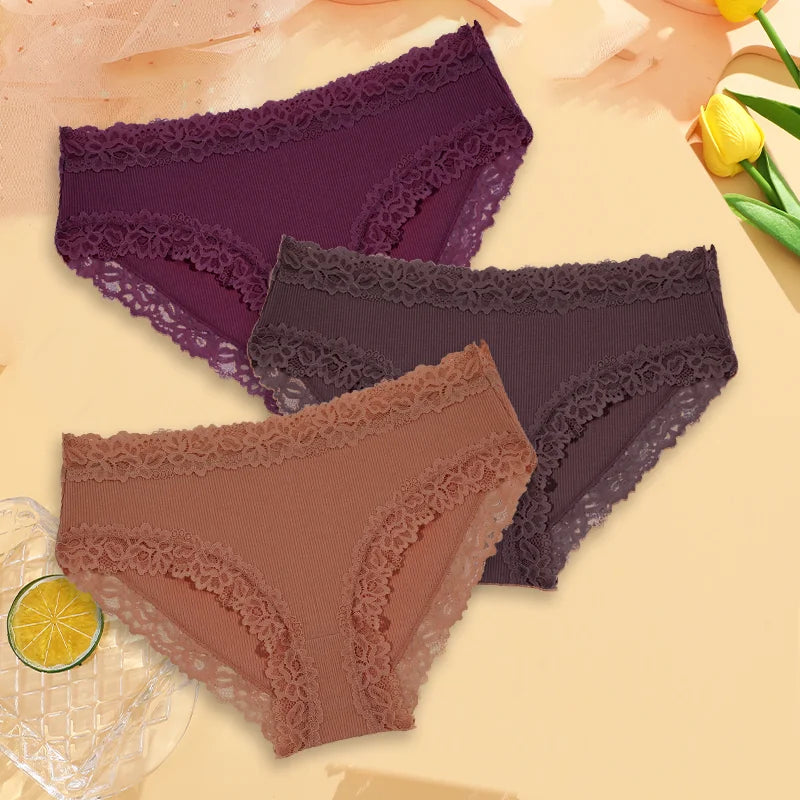 3PCS Sexy Lace Cotton Pants Women Low Waist Panties Underwear S-XL Solid Color Ladies Briefs Lingere Underware Comfortable Women