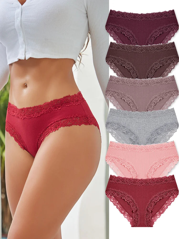 6PCS Sexy Lace Cotton Pants Women Low Waist Panties Underwear S-XL Solid Color Ladies Briefs Lingere Underware Comfortable Women