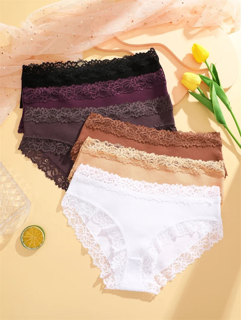 6PCS Sexy Lace Cotton Pants Women Low Waist Panties Underwear S-XL Solid Color Ladies Briefs Lingere Underware Comfortable Women