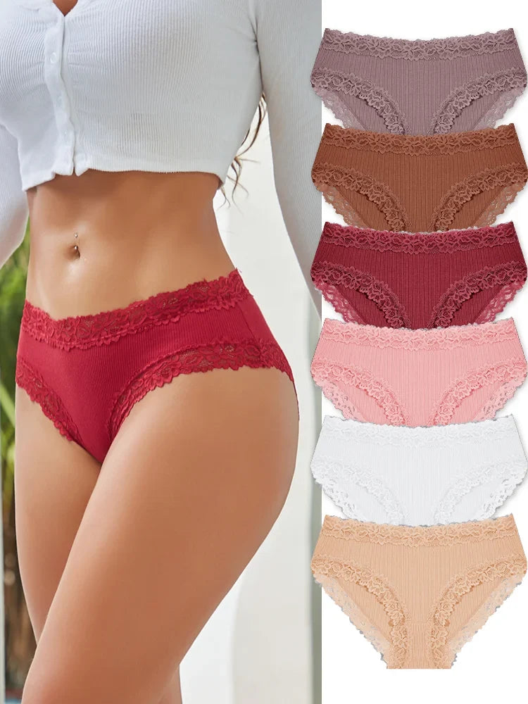 6PCS Sexy Lace Cotton Pants Women Low Waist Panties Underwear S-XL Solid Color Ladies Briefs Lingere Underware Comfortable Women
