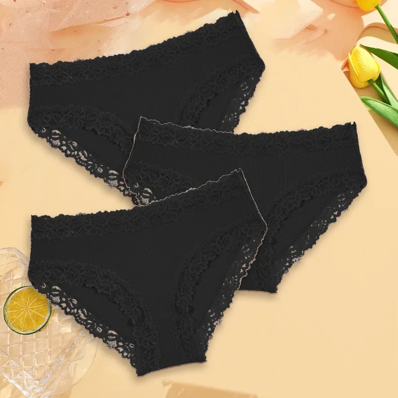 3PCS Sexy Lace Cotton Pants Women Low Waist Panties Underwear S-XL Solid Color Ladies Briefs Lingere Underware Comfortable Women