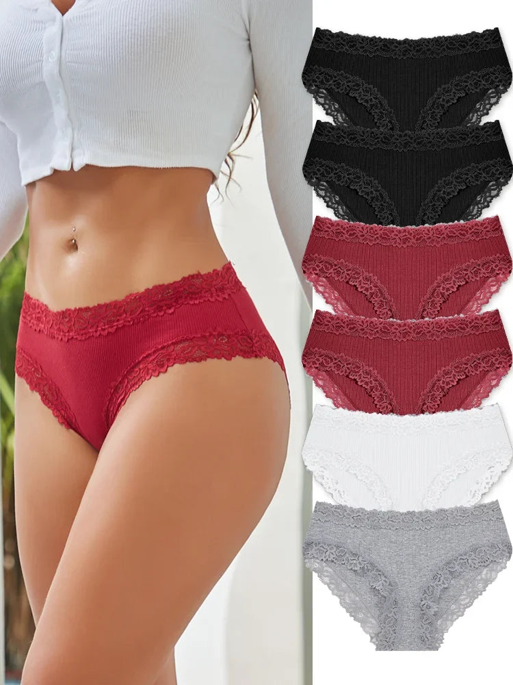 6PCS Sexy Lace Cotton Pants Women Low Waist Panties Underwear S-XL Solid Color Ladies Briefs Lingere Underware Comfortable Women