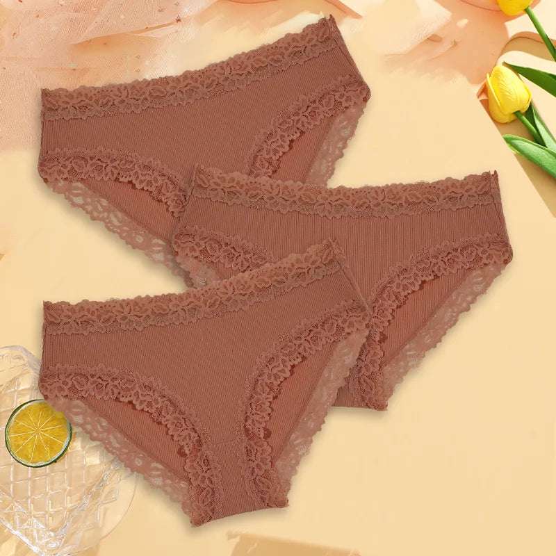 3PCS Sexy Lace Cotton Pants Women Low Waist Panties Underwear S-XL Solid Color Ladies Briefs Lingere Underware Comfortable Women