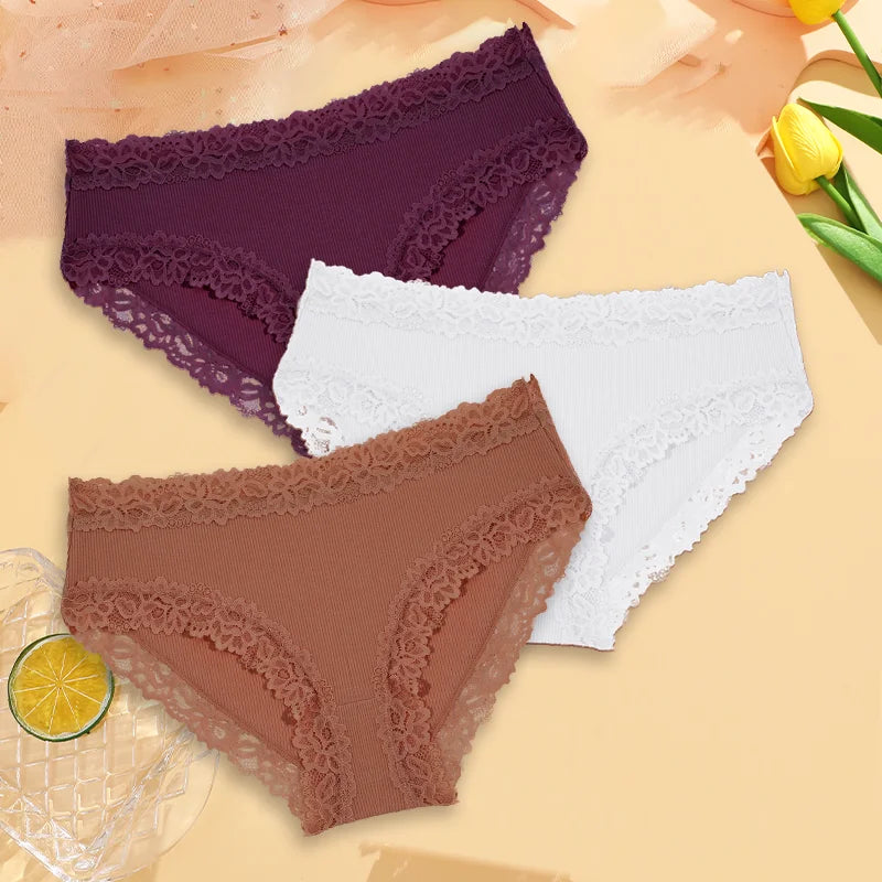 3PCS Sexy Lace Cotton Pants Women Low Waist Panties Underwear S-XL Solid Color Ladies Briefs Lingere Underware Comfortable Women