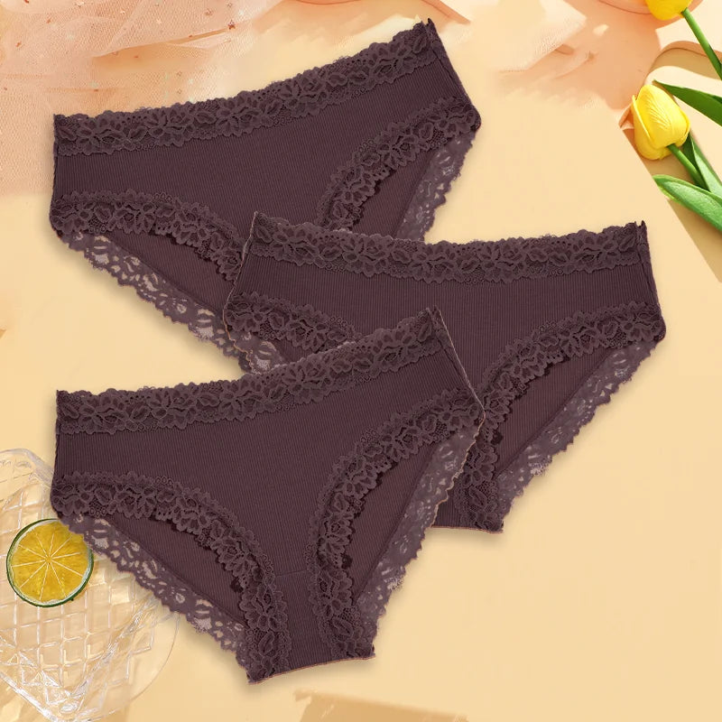 3PCS Sexy Lace Cotton Pants Women Low Waist Panties Underwear S-XL Solid Color Ladies Briefs Lingere Underware Comfortable Women